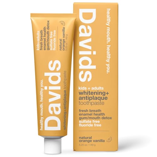 Davids Fluoride Free Kids & Adults Toothpaste, Teeth Whitening, Antiplaque, SLS (Sulfate) Free, Promotes Enamel Health, Mouth & Gum Detox, Natural Orange Vanilla, 5.25oz