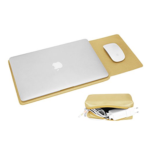Image of Enthopia 15-15.4 Inch Slim Laptop Sleeve for 15 Inch MacBooks /Other 15 Inch Slim Laptops Protective Cover with Organiser Pouch for Mouse,Charger,Hard Disk,Pen Drive,etc - Vegan Leather (Gold)