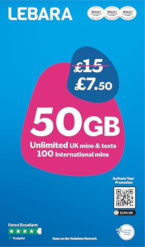 Lebara Mobile SIM Card: 50GB Data SIM Only Plan for 7.50 Half Price for First 3 Months No Contract UK Calls Texts International Minutes EU and India Roaming Included Fits All Devices