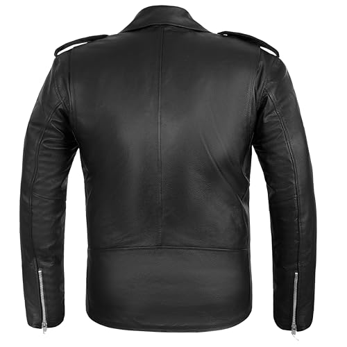 Image of Motorcycle Leather Jacket With Belt Motorbike Biker Classic Rider Rocker Made of Black Genuine Cowhide Leather