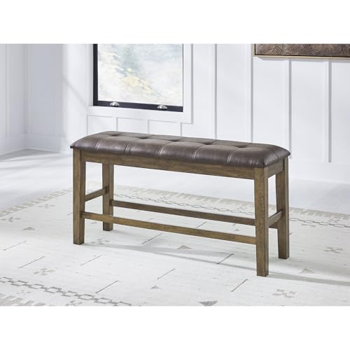 Image of Signature Design by Ashley Vallister Contemporary Tufted Faux Leather Upholstered Counter Height Dining Bench with Burnished Edges, Light Brown