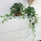 alyptus Fake Pothos Hanging Plants – 33' Set of 2 Faux Ivy Vines with Pots, Realistic Silk Devil’s Ivy for Indoor Décor, Low Maintenance Artificial Greenery for Home Bathroom or Office - Green