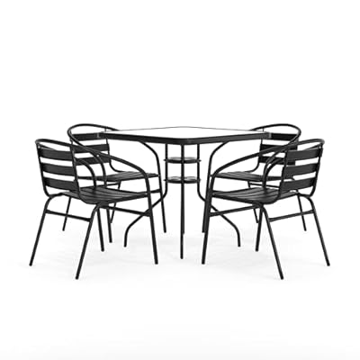 Flash Furniture 5-Piece Patio Dining Set with 31.5" Square Glass Metal Table and 4 Stackable Slat Back Chairs, Indoor/Outdoor Bistro Table and Chairs Set, Black