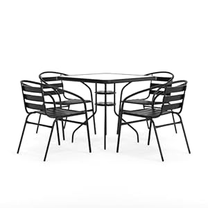 Flash Furniture 5-Piece Patio Dining Set with 31.5″ Square Glass Metal Table and 4 Stackable Slat Back Chairs, Indoor/Outdoor Bistro Set, Black