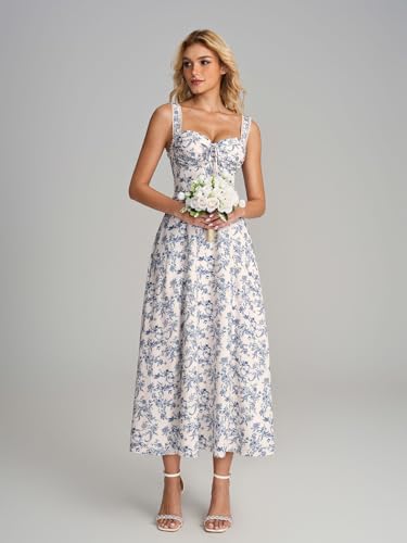 Image of KUTUMAI Floral Corset Midi Dresses for Women 2026 Lace Up Flowy Summer Wedding Guest Dress with Pockets