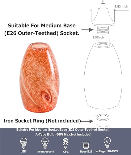 Image of GO&SO Glass Pendant Light Shades 1Pc,7.8 inch H x 4 inch D,Amber Red,Oval | 1.57 inch Fitter E26 Base,Chandelier Shades for Kitchen Island,Hanging Light Shades,Hand-Blown Art Fixtures