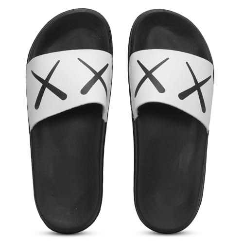 Image of PERY-PAO Sliders Mens White, Sky Blue Stylish Printed Flip Flop & Slippers