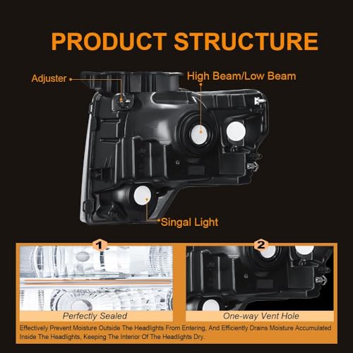 Image of Headlight Assembly for Ford F150 2009-2014 Driver Left & Passenger Right Side Replacement Black Housing Amber Reflector