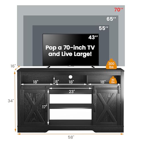 Image of RoyalCraft Farmhouse TV Stand with Sliding Barn Door for TVs up to 65+ Inch, 34 inch Tall Entertainment Center, Wood Media Console Storage Cabinet for Bedroom, Living Room, Black