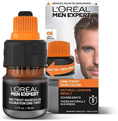L’Oreal Paris Men Expert One Twist Mess Free Permanent Hair Color, Mens Hair Dye to Cover Grays, Easy Mix Ammonia Free Application, Light Brown 06, 1 Application Kit