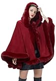 SUFCOMOU Poncho Hooded Shawl Wrap Women Cape Winter Faux Fur Trim Coat Sleeveless Cardigan Dressy Cloak for Party (Red)