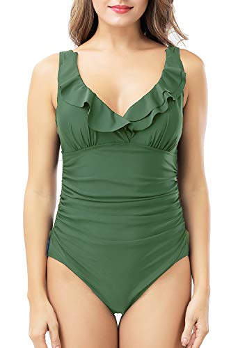 AMOURRI Women's Swimwear Tummy-Hide Underwire Ruffled One Piece Swimsuit for Women -  Green -  Small