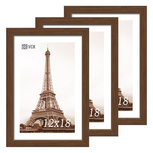 Image of VCK 12x18 Frames 3 Pack, Brown Poster Frame MDF Wood with Polished Plexiglass, Wall Mounting Horizontal & Vertical Display