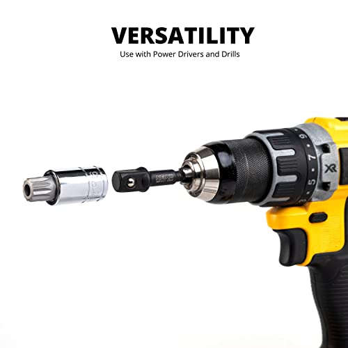 Neiko 00254A Impact Socket Adapter And Magnetic Bit Holder, 7-Piece Set, 1/4" Hex Shank With 1/4, 3/8, 1/2-Inch Drive, Socket Adapter Extension Set 6" Long, Cr-V Steel, Power Drills & Impact Drivers #TOP4