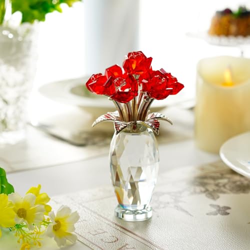 H&D HYALINE & DORA Crystal Red Rose Flower Figurine,Glass Flower Bouquet Gifts for Anniversary Valentines Day Gifts,Handmade Crystal Rose Collectible - Image 3