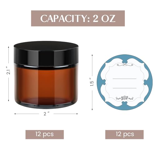Qeirudu 2 Oz Small Amber Glass Jars with Black Lids, 12 Pack Empty Glass Cosmetic Jars with Inner Liners and Labels for Storing Lotions, Ointments, Creams, Candles2