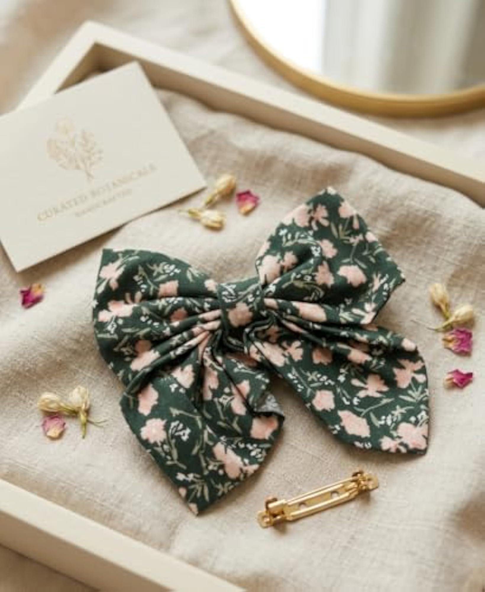 Handcrafted Floral Print Fabric Hair Bow Clip, Botanical Style
