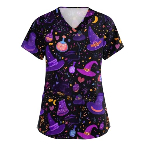 OIOLOYJM Halloween Christmas Scrub Tops Women Printed V Neck Short Sleeve Plus Size Scrubs for Womens Shirts with Pockets