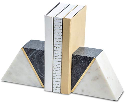 Cork & Mill Marble Bookends - Set Of 2 Heavy Decorative Book Stoppers With Non-Skid Bottom - Handcrafted Solid Marble Bookshelf Decor (White/Grey + Brass) #TOP4