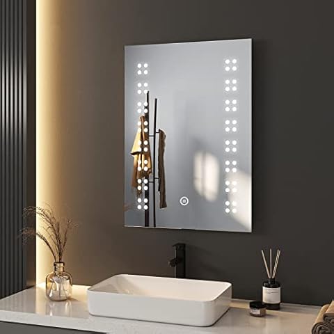 Heilmetz Bathroom Mirror With Touch Switch With Shaver Socket 700 * 500mm Led Illuminated Bathroom Wall Mirror Light Up Bathroom Mirror Light with Cold 6500K, Dimmable, Demister Smart Mirror Cover