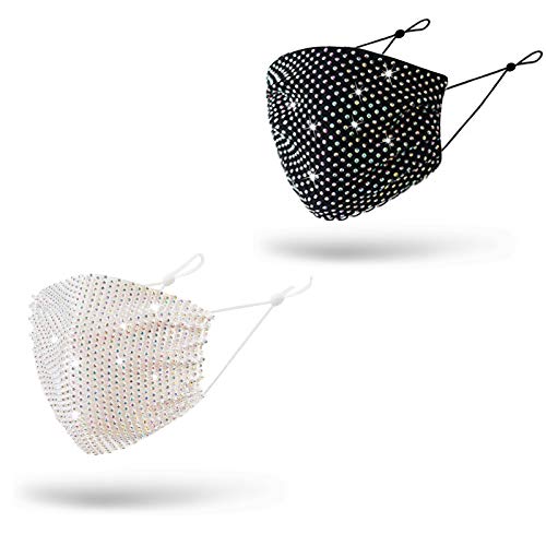 Sparkly Bling Rhinestone Black Cloth Face Mask with Adjustable Ear Band,Glitter Fashion Washable Masquerade Mask for Women Girls for Party(Black+White-2pcs)