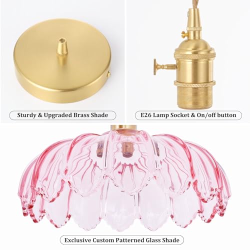 Image of Shenmoyl Pendant Light with Pink Scindapsus Glass Lmapshade, Brass Vintage Pendant Light Adjustable Hanging Light for Kitchen Island Dining Room Hallway