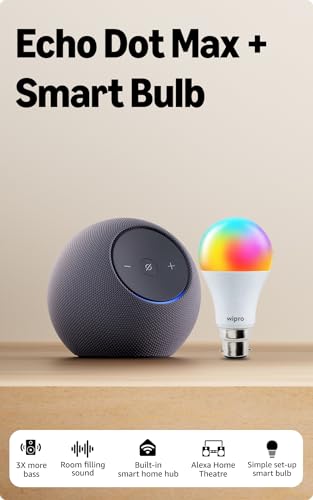 Image of All-new Amazon Echo Dot Max, Alexa speaker with 3X bass and room-filling sound, hands-free smart home management, Bluetooth, Graphite, combo with Wipro 9W Smart Bulb