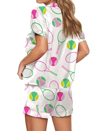 Image of SHESHOW Pajamas for Women Set Satin Button Down Short Sleeve Top and Shorts Pjs Sets Sport Ball Print Sleepwear XS-XXL