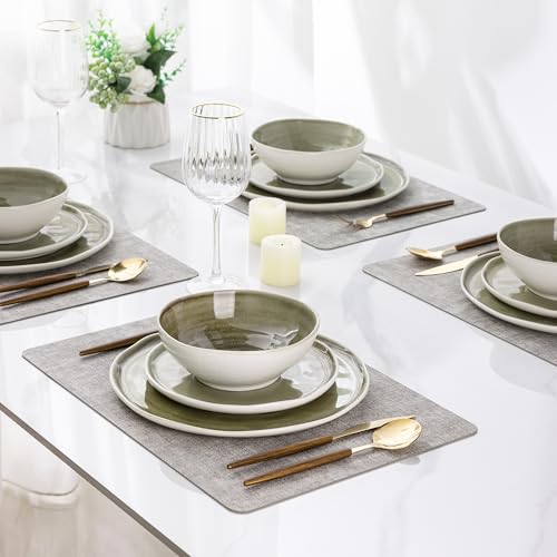 Image of LERATIO Ceramic Dinnerware Sets for 6,Porcelain Plates and Bowls Sets with Wavy Edge,Microwave & Dishwasher & Oven Safe,Light Weight & Scratch Resistant Dishes Sets-Olive Green