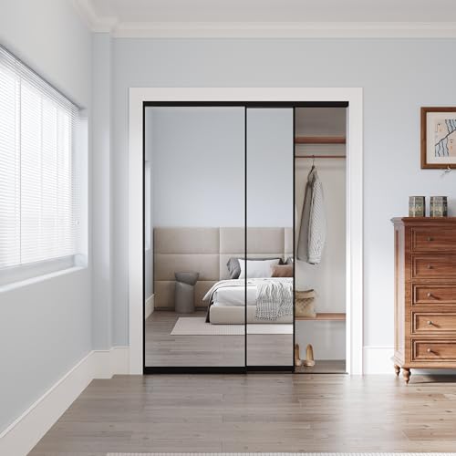 Image of Sliding Closet Doors 60 inch x 80 inch(Double 30.4 inch x 80 inch), Mirrored Doors Aluminum Frame with Hardware Kit & Guide, Interior Door for Bedroom No Assembly Required, Black