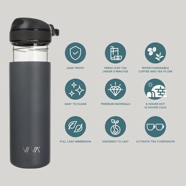 VIVA Recharge Grey Insulated Tea & Coffee Mug & Travel French Press Coffee Maker, 16 oz, Brew & Drink From the Same Coffee Mug On the Go or Camping