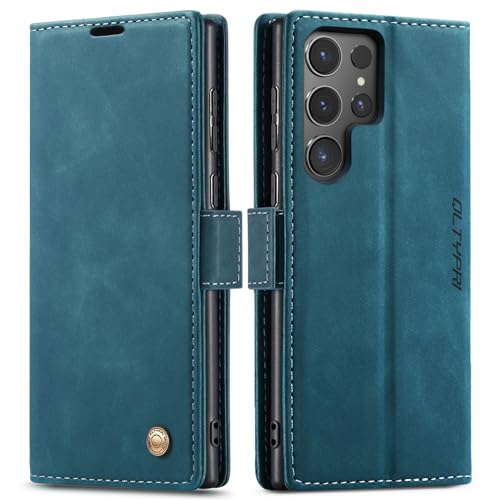 QLTYPRI Case for Samsung Galaxy S24 Ultra, Vintage PU Leather Wallet Case Card Slot Kickstand Magnetic Closure Shockproof Flip Folio Case Cover for Samsung Galaxy S24 Ultra - Blue
