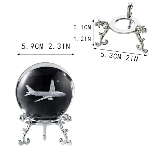 HDCRYSTALGIFTS Kristallkugel mit 3D-Lasen-Gravur, Flugzeug-Kristallkugel mit Ständer, Glaskugel, Flugzeug, Briefbeschwerer, Dekoration, Geschenk für Herren, 60 mm