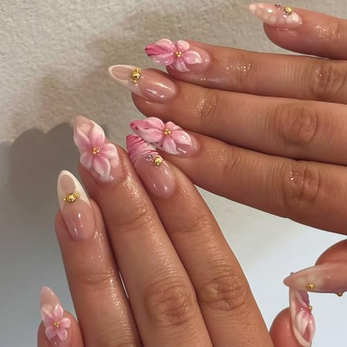 Xanthelle Nail Press On Nails, 24 szt. Letnie paznokcie migdałowe średnie sztuczne paznokcie z kwiatem 3D i złotymi koralikami, różowe lampart francuskie kropki, błyszczące miękkie paznokcie żelowe