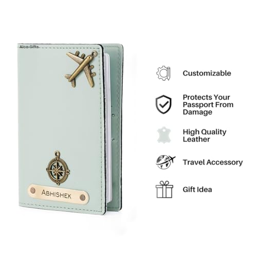 Image of AICA Personalised Name & Charm Leather Passport Cover Holder for Men & Women (Mintgreen)|Gifts for Woman | Gift for Man |Passport Cover for Men| Diwali Gifts for Family and Friends| Travel Accessories