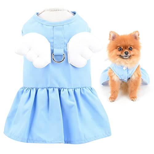 SMALLLEE_LUCKY_STORE Angel Wing Girls Dog Harness Dress and Leash Set Cat Sundress with D-ring Puppy Skirt Spring Summer Clothes for Small Pets Yorkie Chihuahua Blue,M