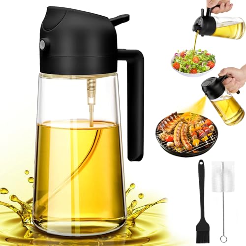 Oil Dispenser Bottle Spray and Pour, Olive Oil Spray Bottle, 470ml Oil Sprayer for Cooking, 2 in 1 Oil Dispenser and Oil Sprayer with Oil Brush&Cleaning Brush, Cooking Oil Spray Bottle (Black)