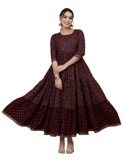 denarius Women's Flared Cotton Anarkali Dress, Wine with Gold Foil Print, 3/4 Sleeves, Ankle Length-picture-48