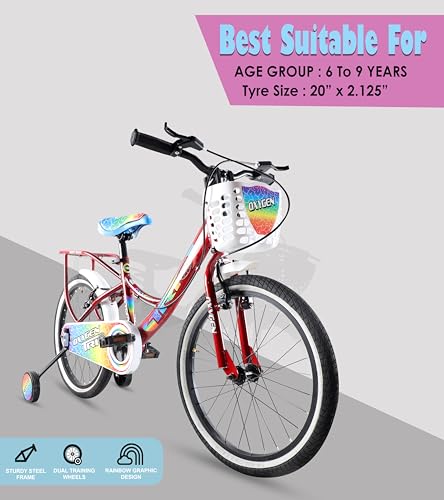 Image of OXYGEN Trio 20T Kids Bicycle for Boys & Girls 5-10 Years, 20 Inch Single Speed Cycle with Training Wheels, Basket, Rear Carrier, High Tensile Steel Frame, Front & Rear Brakes, Red, Semi-Assembled