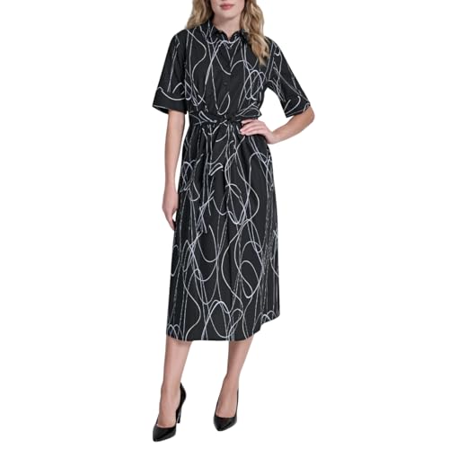 Image of DKNY Women's Short Sleeve Cotton Poplin Collared Midi Shirtdress