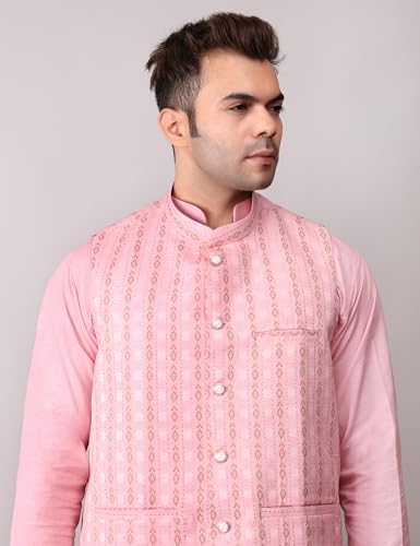 Image of Men's Cotton Silk Blend Regular Kurta Pyjama, Embroidered Nehru Jacket /Waistcoat Set
