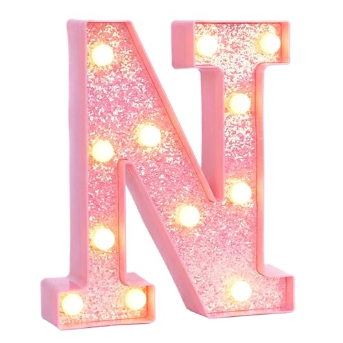 Image of Pink Marquee Light Up Letters, Glitter Alphabet LED Letter Lights for Pink Birthday Party Decorations, Battery Operated Letter Sign for Girls Room Vanity Table Decor, Warm White Lights Letter N