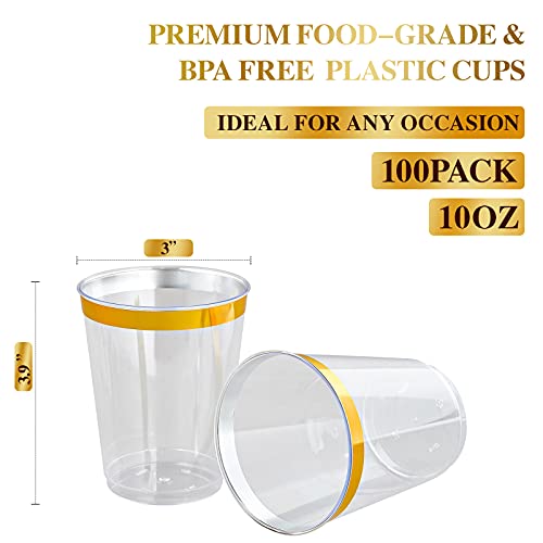 FOCUSLINE 10 oz Gold Plastic Cups, Disposable Clear Fancy Hard Plastic Cups, Gold Rimmed, Heavy Duty, Reusable,100 Count