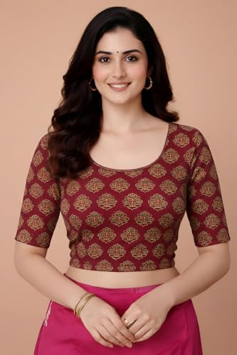 Image of Amazon Brand - Anarva Women's Kalamkari Print Cotton Stretchable Round Neck Readymade Saree Blouse