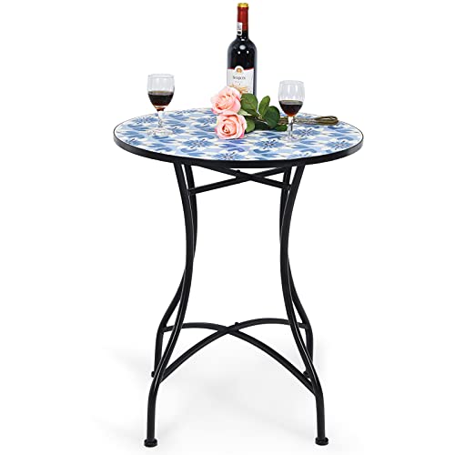 Giantex Mosaic Round Table, Outdoor Dining Table With Exquisite Floral Pattern And Ceramic Tile Tabletop, Plant Stand For Patio, Garden, Balcony, Backyard Or Living Room Porch (Blue) #TOP6