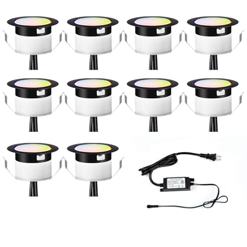 Image of FVTLED WiFi LED Deck Lights Kit RGBW, 10pcs Φ1.77 Smartphone Control Low Voltage Recessed Muticolor and Warm White Bottom Yard Path Stair Decor Lamp Suitable for Alexa Google Home, Black