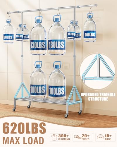 100% Stainless Steel Clothing Rack Load 620LBS, Ultra-Stable Heavy Duty Clothes Rack W/ Reinforced Rubber Ring, Extendable Adjustable Rolling Garment Racks W/ Sturdy Wheel for Portable Hanging Clothes