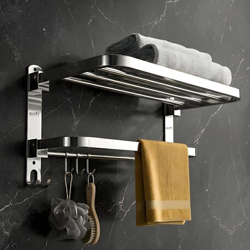 Image of Gloxy Premium 18 Inch Towel Holder in Bathroom - Stainless Steel Towel Rack & Folding Bathroom Hangers for Clothes with Chrome Finish - Wall Mounted Towel Stand with Multipurpose Hooks