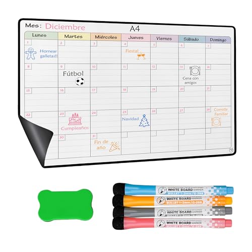 YSANCOR® Calendario Magnético Nevera Planificador Mensual o Semanal + 4 Rotuladores y 1 Borrador de Regalo | Opciones en Tamaños A4 y A3 | Ideal como Organizador Semanal (MENSUAL A4)