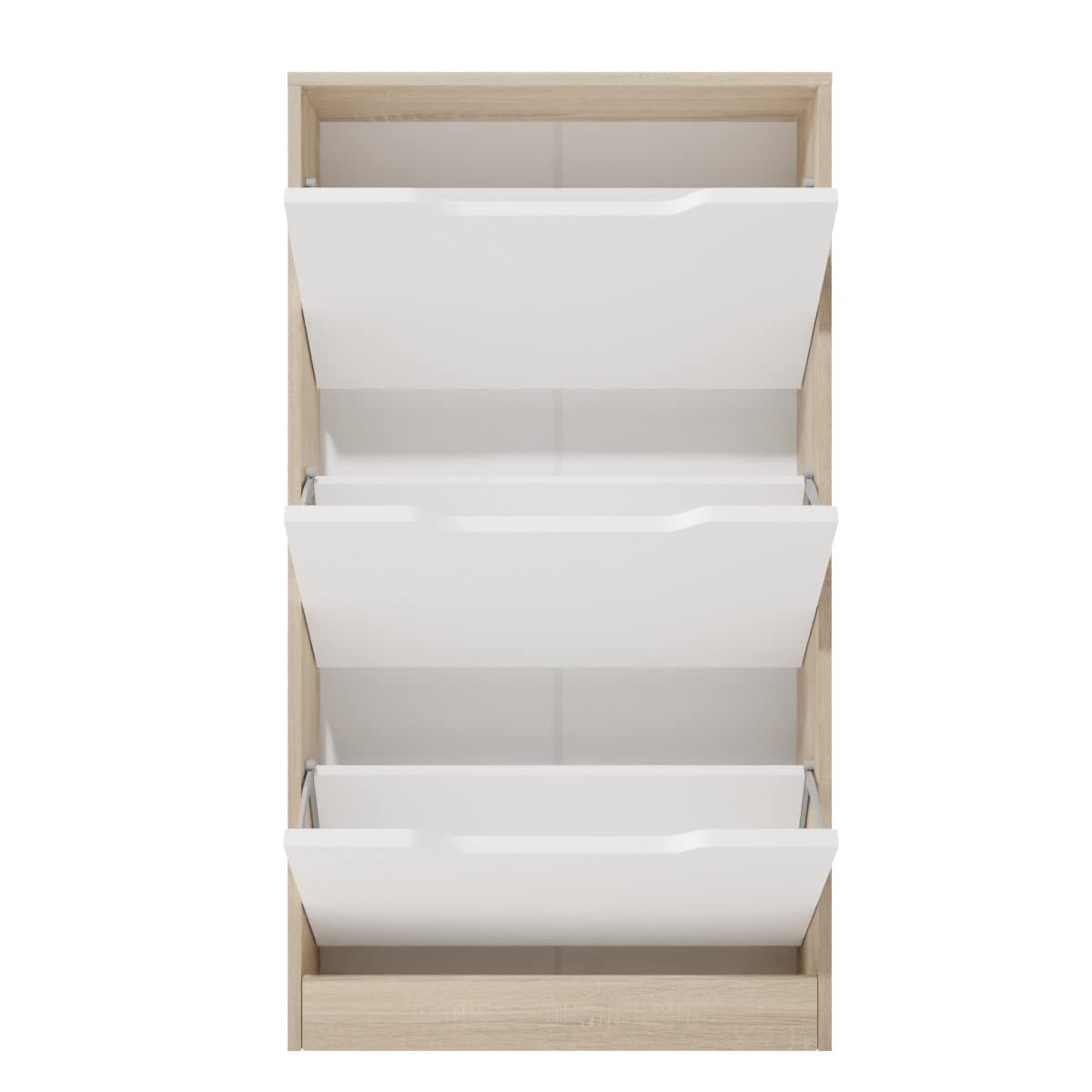amuéblate online - Stojak na buty z 3 drzwiami, wąska szafka na buty, model Nico, wykończenie w kolorze Cambria i biały, wymiary: 107 cm (wys. x szer.) x 60 cm (szer.) x 17,3 cm (głębokość)
